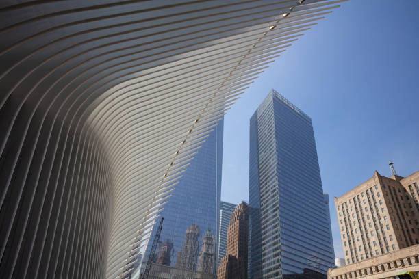 New York, USA. May 4, 2019. Manhattan. Ground Zero area, Skyscrapers against blue sky background
