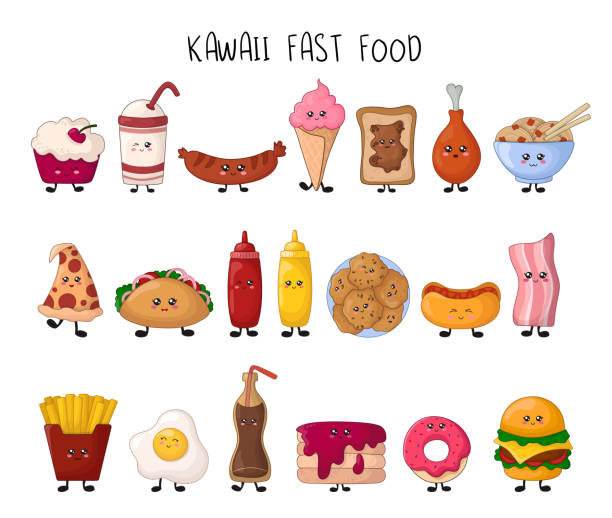 illustrations, cliparts, dessins animés et icônes de collection d'aliments kawaii - biscuit sausage sandwich breakfast