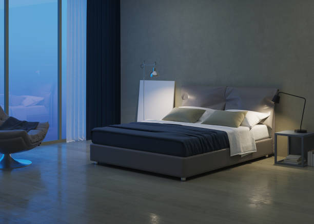 istock Modern house interior. Bedroom interior design. Evening lighting. 3D rendering. 1156620988