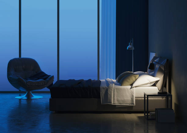 istock Modern house interior. Bedroom interior design. Evening lighting. 3D rendering. 1156620996