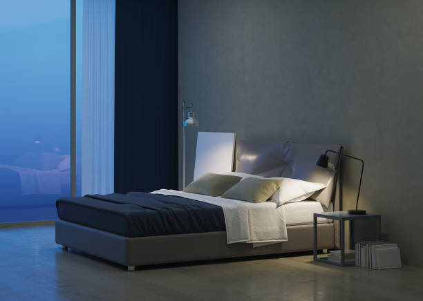 Modern house interior. Bedroom interior design. Evening lighting. 3D rendering.
