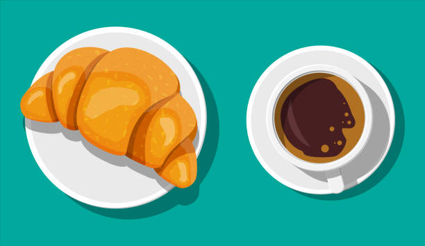 filiżanka kawy i rogalika francuskiego. - morning breakfast cookie sweet food stock illustrations