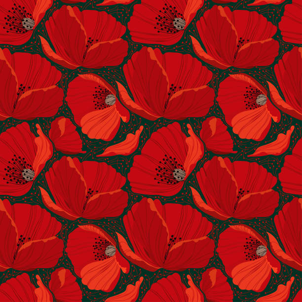 ilustrações de stock, clip art, desenhos animados e ícones de seamless vector pattern with red poppy buds - poppy flower petal stamen