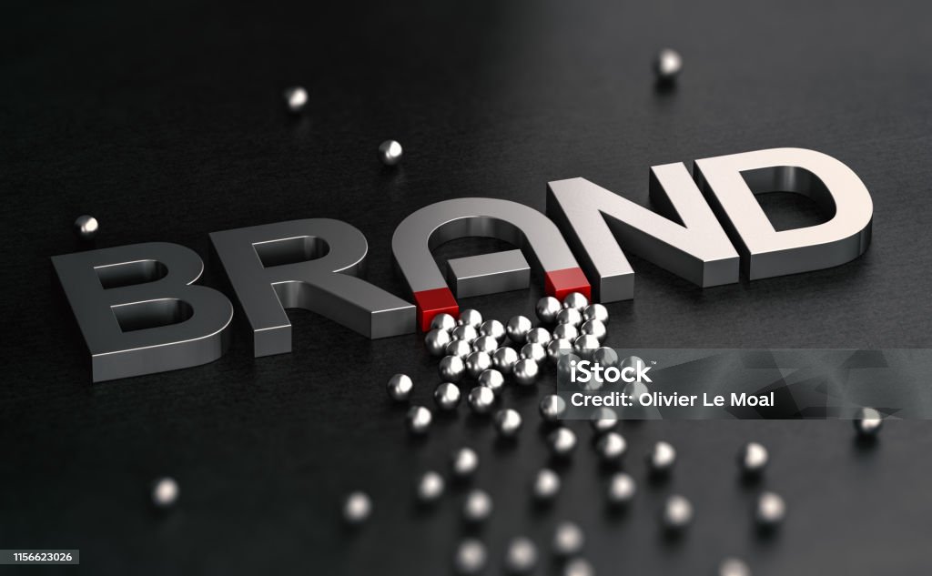 Brand Awareness and Attractiveness. Customer Relationship Building. 3d illustration of a brand name with the letter a shaped like horseshoe magnet. Metallic word over black background. Concept of brand awareness Advertisement Stock Photo