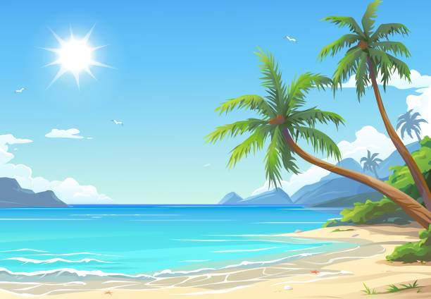 ilustraciones, imágenes clip art, dibujos animados e iconos de stock de hermosa playa tropical - sea cloud cloudscape sky