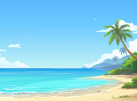 Vector illustration of a beautiful white sand beach with palm trees and a cloudy blue sky in the background. Illustration with space for text. 1