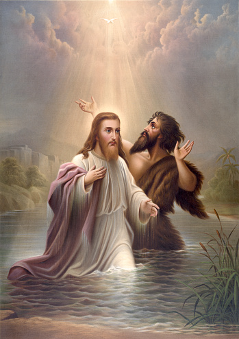 Vintage illustration features a Biblical scene where Jesus Christ is baptized by John the Baptist in the River Jordan.