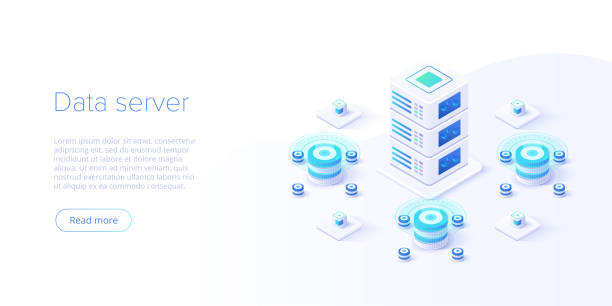 ホスティング サーバーアイソメトリック ベクトル図。抽象的な 3d データセンターまたはデータセンタールームの背景。ネットワーク メインフレーム インフラストラクチャ web サイトのヘッ - network server rack computer mainframe点のイラスト素材／クリップアート素材／マンガ素材／アイコン素材