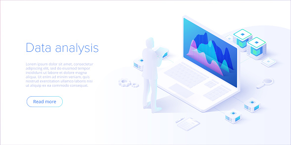 Data analysis in isometric vector design. Technician in datacenter or data center room background. Network mainframe infrastructure website layout. Computer storage or farming workstation.