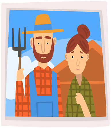 Family Portrait, Photo of Farmer and His Wife Vector Illustration on White Background.