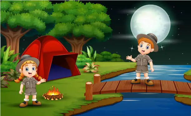 Vector illustration of Scout boy and girl are camping in the nature at night