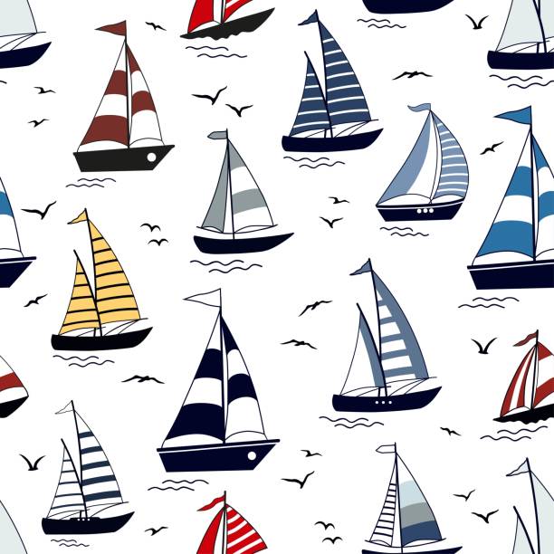 Marine seamless pattern with cartoon boats and silhouettes of birds Marine seamless pattern with cartoon boats and silhouettes of birds on white background background studio water stock illustrations