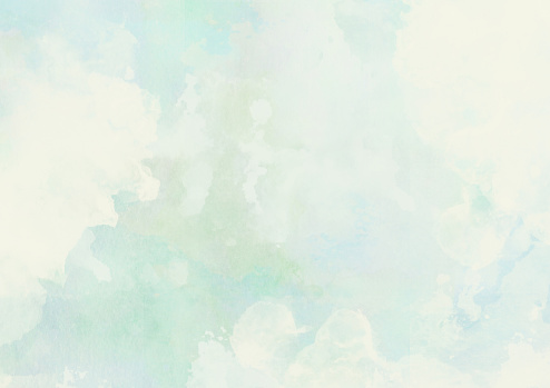 A blurred abstract watercolor painting in natural blue green pastel colors, nature summer theme, painted cloudscape background.