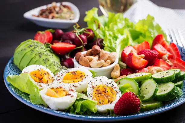 Photo of Plate with a paleo diet food. Boiled eggs, avocado, cucumber, nuts, cherry and strawberries. Paleo breakfast.