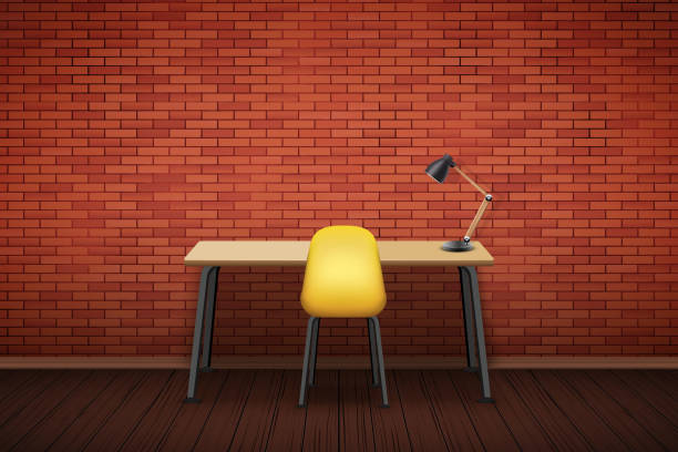 Workplace Wood table top with chair Wooden table desk with chair for office and home Workplace. Loft Business Interior with brick wall. Modern design. Vector Illustration isolated on white background. wooden office desk stock illustrations