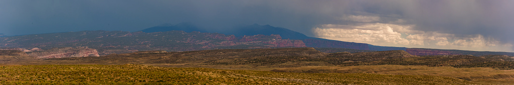 Moody skies crest the horizon rolling over desert plains dotted with green shrubs.