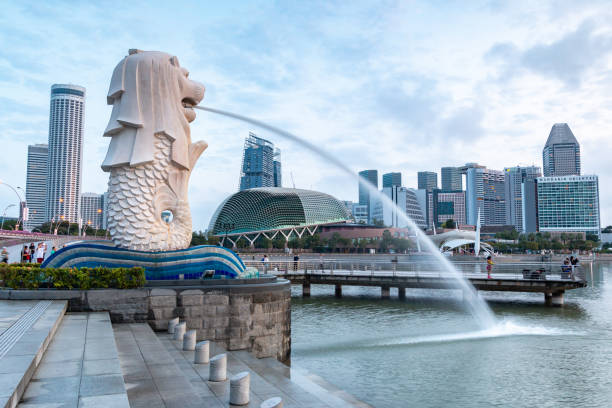 merlion singapur - merlion singapore marina bay lighting equipment fotografías e imágenes de stock