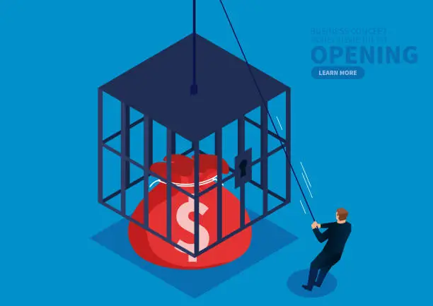 Vector illustration of Businessman opens the money bag locked inside the cage