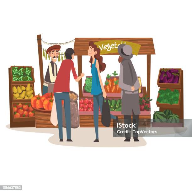 Vegetable Local Farmer Market With Fresh Natural Organic Products On Counter Street Shop With Male Seller And Customers Vector Illustration Stock Illustration - Download Image Now