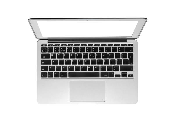 istock Modern silver laptop with blank screen isolated on white background. Top view 1156639165