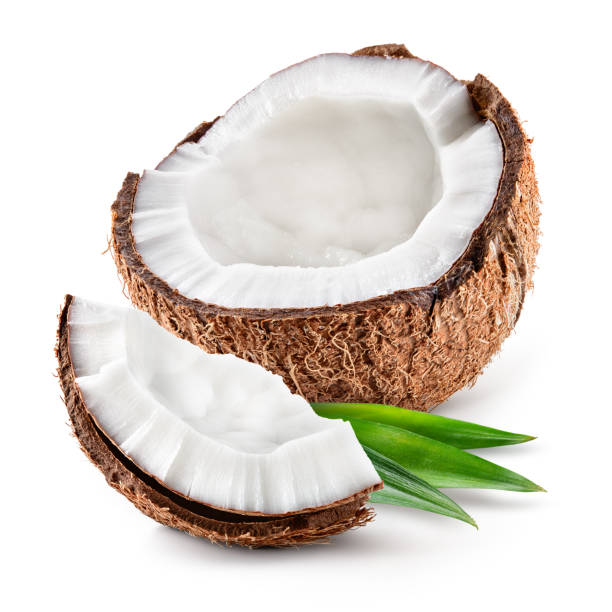 istock Coco. Coconut half, piece and leaves isolated. Coconut on white background 1156639212