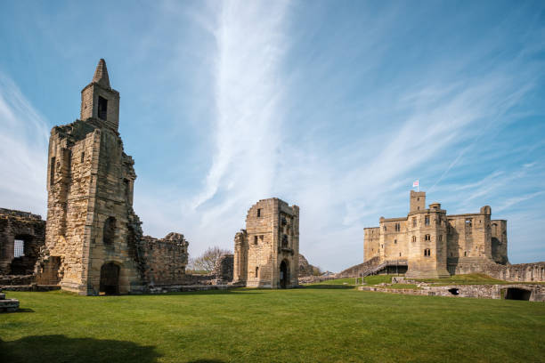 Warkworth Castle, Warkworth, Northumberland, England - 30th April 2019. The outer walls of Warkworth Castle a medieval building, thought to have been built in the mid 12th century now maintained by English Heritage