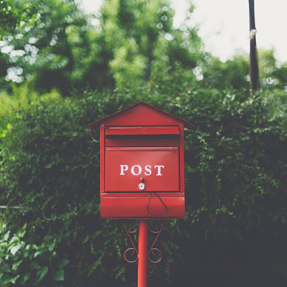 Bright red mailbox.