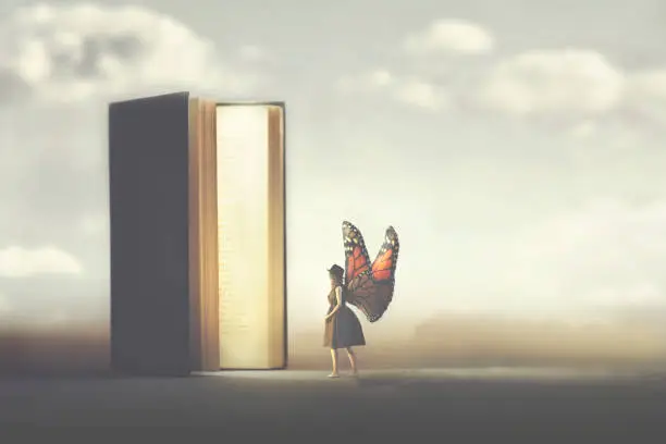 Photo of butterfly woman enters the pages of a fantasy book