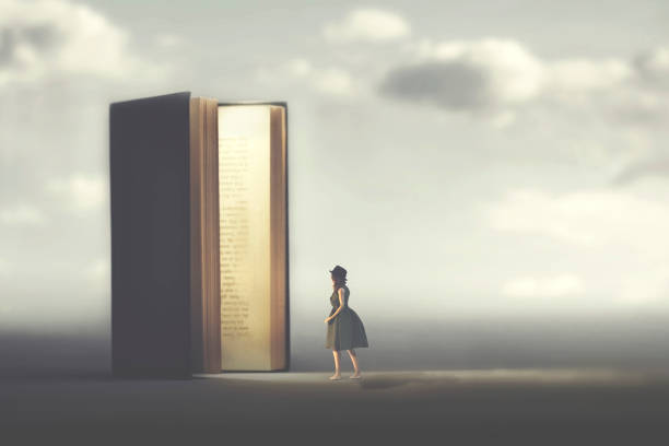 surreal book opens a door illuminated to a woman, concept of way to freedom surreal book opens a door illuminated to a woman, concept of way to freedom poetry literature stock pictures, royalty-free photos & images