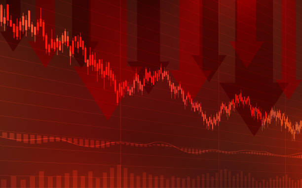 illustrazioni stock, clip art, cartoni animati e icone di tendenza di grafico finanziario astratto con grafico a linee di tendenza al ribasso e freccia in borsa su sfondo di colore rosso - candlestick holder chart forex graph