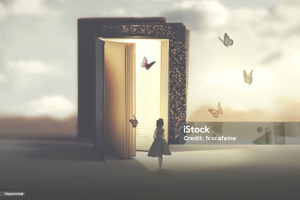 poetic encounter between a woman and butterflies coming out of a book Book Stock Photo