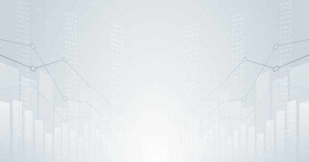 bagan keuangan abstrak layar lebar dengan grafik garis uptrend dan kandil pada latar belakang warna hitam dan putih - keuangan ilustrasi stok