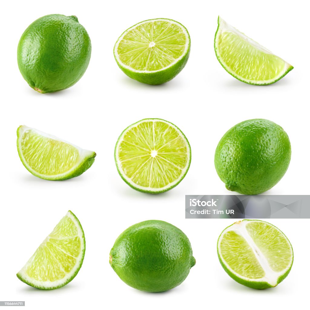 Lime isolated. Lime half, slice, piece isolate on white. Lime set. Lime Stock Photo