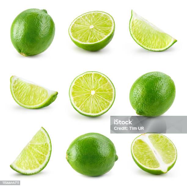 Lime Isolated Lime Half Slice Piece Isolate On White Lime Set Stock Photo - Download Image Now