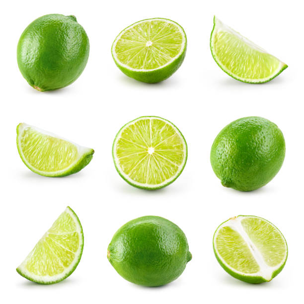 lime isolated. lime half, slice, piece isolate on white. lime set. - fatia imagens e fotografias de stock