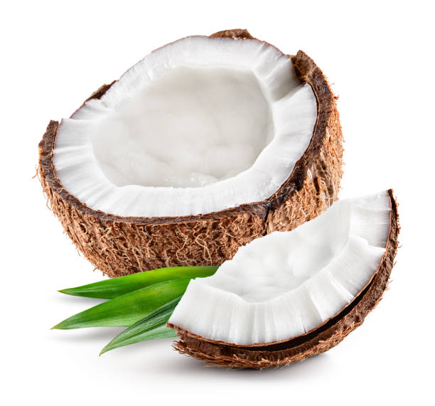 istock Coco. Coconut half and piece isolated. With leaves. Cocos white. 1156644902