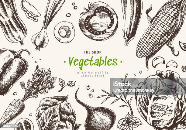 Vegetables Top View Frame Farmers Market Menu Design Organic Food Poster Hand Drawn Engraving Style Texture With Tomatoes Pepper Onion Cabbage Beets Carrots Mushrooms Corn Stock Illustration - Download Image Now