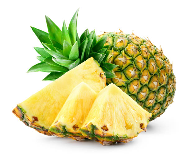 istock Whole pineapple and pineapple slice. Pineapple with leaves isolate on white. Full depth of field. 1156645871