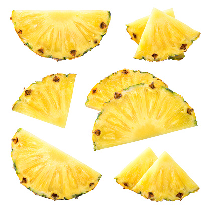 Pineapple slice set. Flat design. Group of cut pineapples isolated on white. Triangle and half of circle pineapple pieces top view with clipping path.