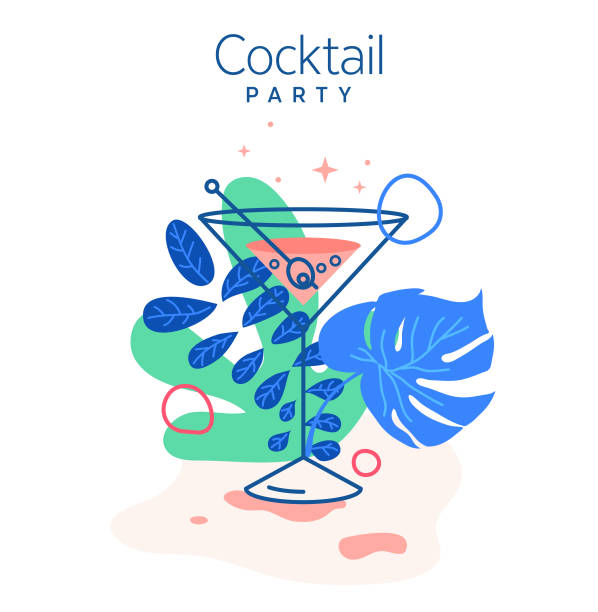 Drinking cold martini surrounded with monstera leaves vector illustration. Trendy minimal line design. Martini cocktail set for restaurant illustrations and bar designs. vector art illustration