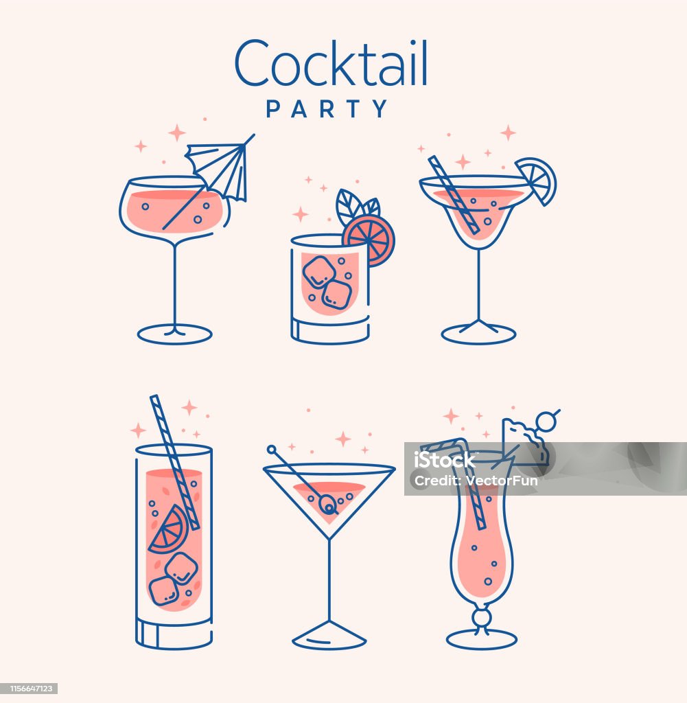 Bicchieri da cocktail illustrazione vettoriale vettoriale sottile. Sei cocktail rinfrescanti con cubetti di ghiaccio e limoni. Festa nel club. Creato per i disegni dei menu. Set di bevande alcoliche come Mojito o Martini - arte vettoriale royalty-free di Cocktail