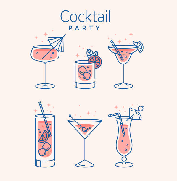 칵테일 안경 최소한의 벡터 얇은 라인 그림입니다. 얼음 조각과 레몬을 곁들인 6가지 상쾌한 칵테일. 클럽에서 파티. 메뉴 디자인용으로 작성되었습니다. 모히토 나 마티니 와 같은 알코올 음료  - interface icons illustrations stock illustrations