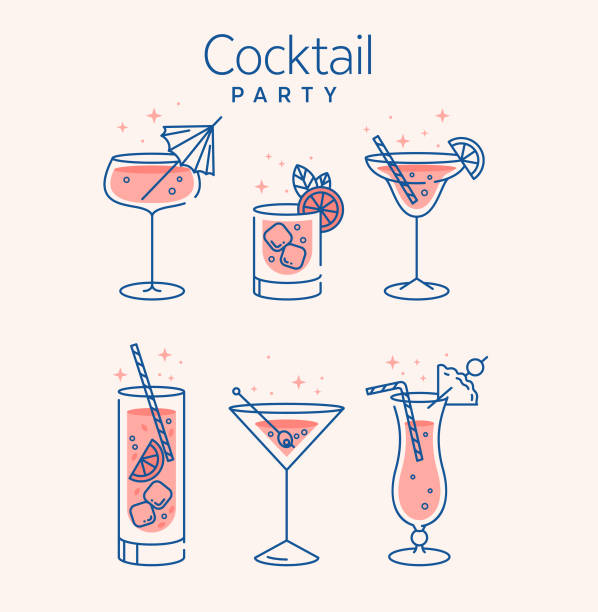 stockillustraties, clipart, cartoons en iconen met cocktail glazen minimale vector dunne lijn illustratie. zes verfrissende cocktails met ijsblokjes en citroenen. partij in de club. gemaakt voor menu ontwerpen. set van alcoholische dranken zoals mojito of martini - dranken illustraties