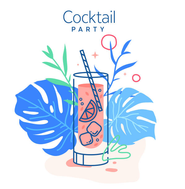 picie zimnego koktajlu mojito w otoczeniu potwora pozostawia ilustrację wektorową. modny minimalistyczny design linii. różowy zestaw koktajlowy do ilustracji restauracji i wzorów barowych. - whisky glass ice cube alcohol stock illustrations