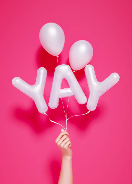 YAY word, white letters YAY word, white letters and hand on pink. Long vacation, summer holidays banner. 3d rendering exhilaration stock pictures, royalty-free photos & images