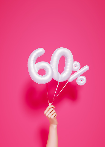 60 % sale banner white balloons and holding hand on pink. 3d rendering.