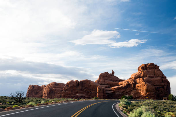 istock Strange desert rock formations along empty desert road 1156648436