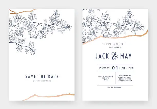 Vector illustration of Botanical wedding invitation card template design, bower vine line art ink drawing on white