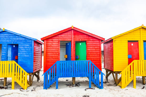 This pic shows colorful Muizenberg Beach houses used for changing  in  Cape Town city. These colorful houses are landmark of Cape town. The pic is taken in daytime and in March 2019.
