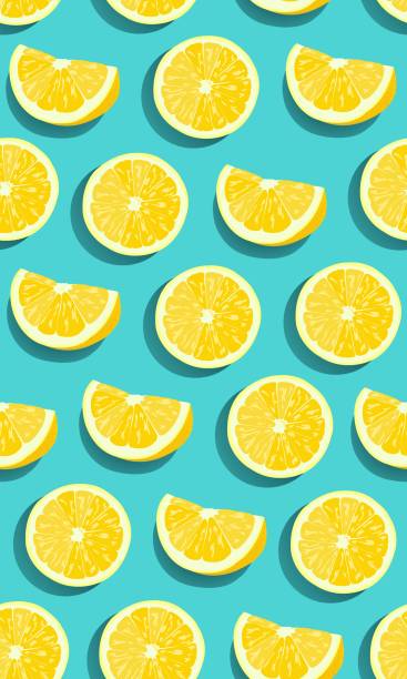 illustrazioni stock, clip art, cartoni animati e icone di tendenza di i frutti di limone affettano il motivo senza cuciture su sfondo blu verde. illustrazione vettoriale degli agrumi. - lemon backgrounds fruit textured